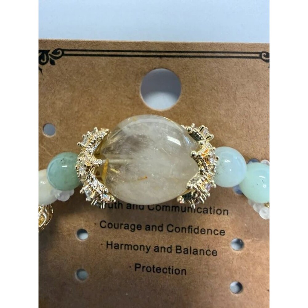 Amazonite Gemstone Stretch Bracelet 18K Gold Plated Accents
